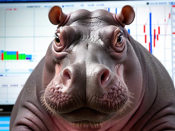 A forex trading system's hippo looking at the camera with a relieved expression, and a forex trading chart in the background