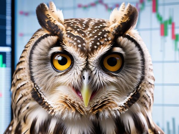 A forex trading system's owl looking at the camera with a playful expression, and a forex trading chart in the background