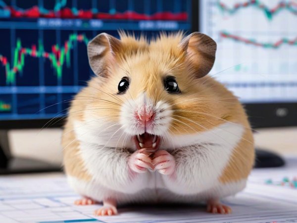 A forex trading system's hamster looking at the camera with a excited expression, and a forex trading chart in the background