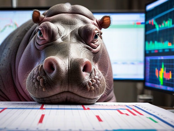 A forex trading system's hippo looking at the camera with a smug expression, and a forex trading chart in the background