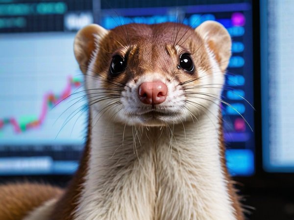 A forex trading system's weasel looking at the camera with a content expression, and a forex trading chart in the background