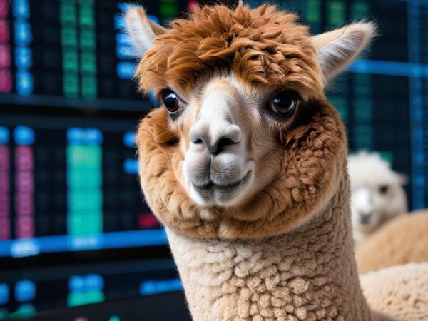 A forex trading system's alpaca looking at the camera with a nervous expression, and a forex trading chart in the background