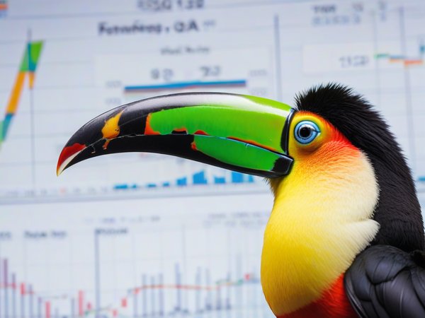 A forex trading system's toucan looking at the camera with a smug expression, and a forex trading chart in the background