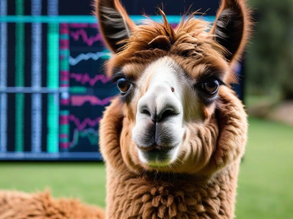 A forex trading system's llama looking at the camera with a curious expression, and a forex trading chart in the background
