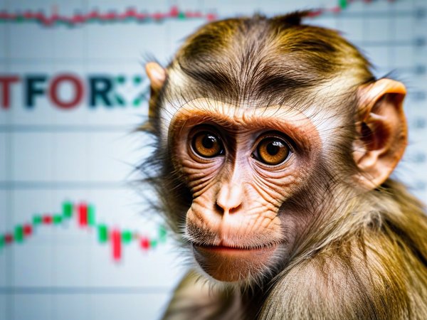 A forex trading system's monkey looking at the camera with a content expression, and a forex trading chart in the background