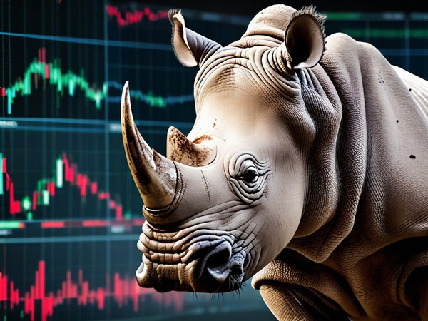 A forex trading system's rhino looking at the camera with a angry expression, and a forex trading chart in the background