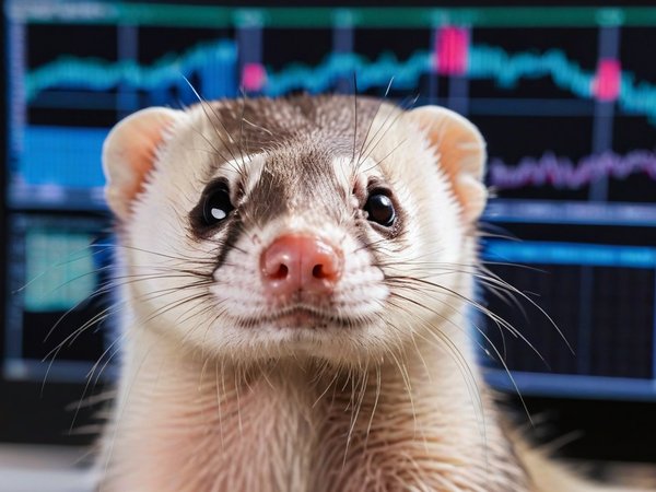 A forex trading system's ferret looking at the camera with a content expression, and a forex trading chart in the background