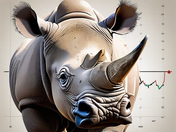 A forex trading system's rhino looking at the camera with a mischievous expression, and a forex trading chart in the background