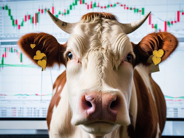 A forex trading system's cow looking at the camera with a love-struck expression, and a forex trading chart in the background