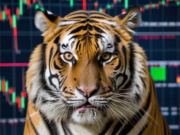 A forex trading system's tiger looking at the camera with a annoyed expression, and a forex trading chart in the background