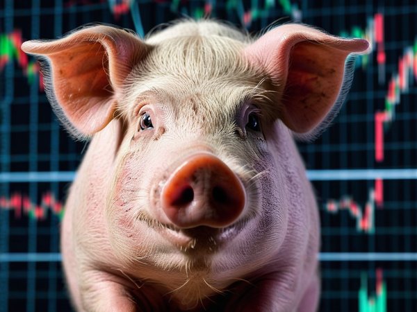 A forex trading system's pig looking at the camera with a nervous expression, and a forex trading chart in the background