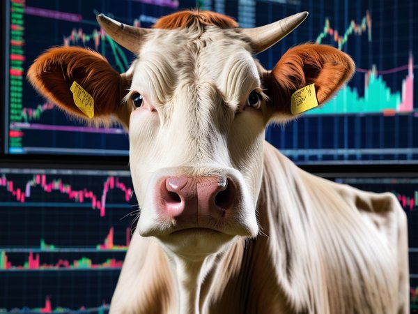 A forex trading system's cow looking at the camera with a content expression, and a forex trading chart in the background