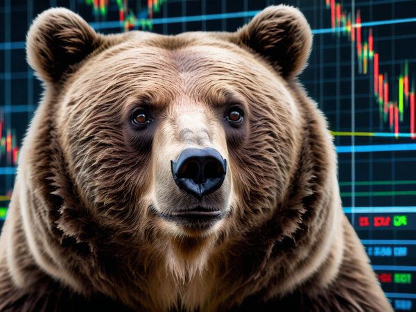 A forex trading system's bear looking at the camera with a sad expression, and a forex trading chart in the background