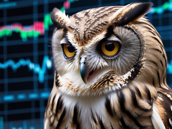 A forex trading system's owl looking at the camera with a frustrated expression, and a forex trading chart in the background