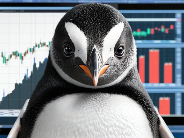 A forex trading system's penguin looking at the camera with a shocked expression, and a forex trading chart in the background