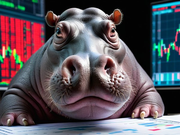A forex trading system's hippo looking at the camera with a embarrassed expression, and a forex trading chart in the background