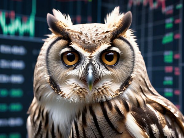 A forex trading system's owl looking at the camera with a content expression, and a forex trading chart in the background
