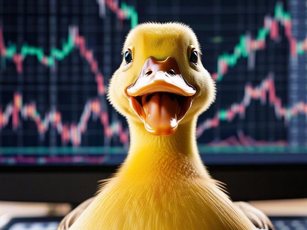 A forex trading system's duck looking at the camera with a joyful expression, and a forex trading chart in the background