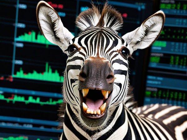 A forex trading system's zebra looking at the camera with a excited expression, and a forex trading chart in the background