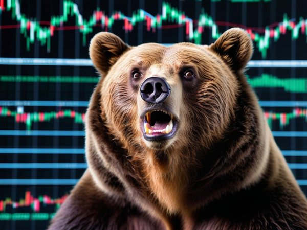 A forex trading system's bear looking at the camera with a amazed expression, and a forex trading chart in the background