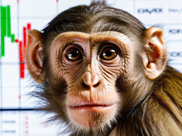 A forex trading system's monkey looking at the camera with a curious expression, and a forex trading chart in the background