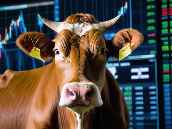 A forex trading system's cow looking at the camera with a annoyed expression, and a forex trading chart in the background