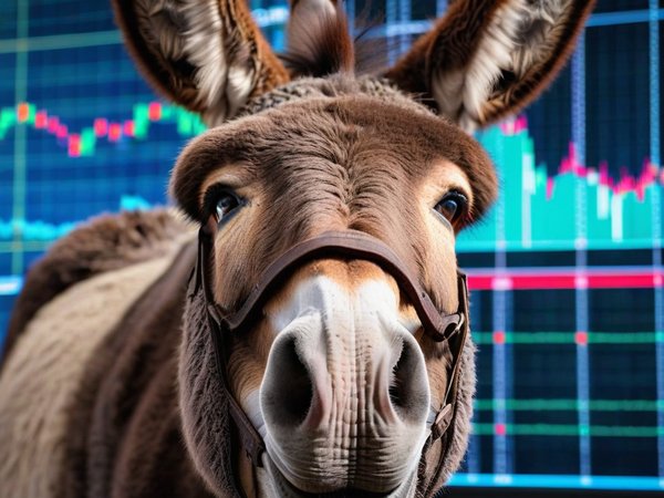 A forex trading system's donkey looking at the camera with a joyful expression, and a forex trading chart in the background