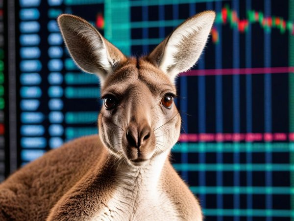 A forex trading system's kangaroo looking at the camera with a suspicious expression, and a forex trading chart in the background