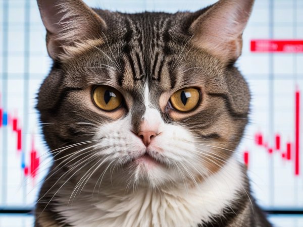 A forex trading system's cat looking at the camera with a angry expression, and a forex trading chart in the background