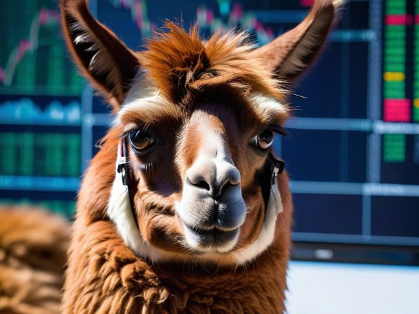 A forex trading system's llama looking at the camera with a sad expression, and a forex trading chart in the background