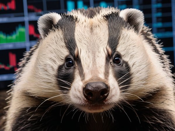 A forex trading system's badger looking at the camera with a smug expression, and a forex trading chart in the background