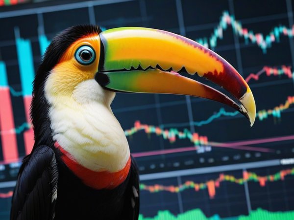 A forex trading system's toucan looking at the camera with a happy expression, and a forex trading chart in the background