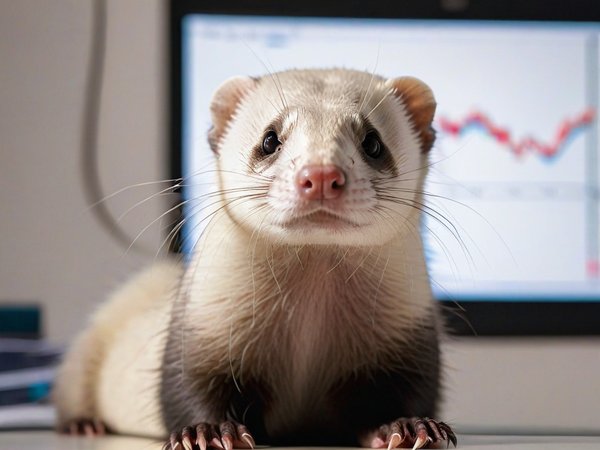 A forex trading system's ferret looking at the camera with a calm expression, and a forex trading chart in the background