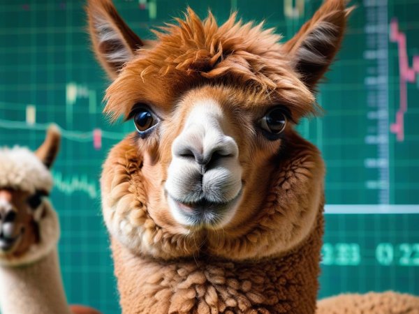 A forex trading system's alpaca looking at the camera with a playful expression, and a forex trading chart in the background