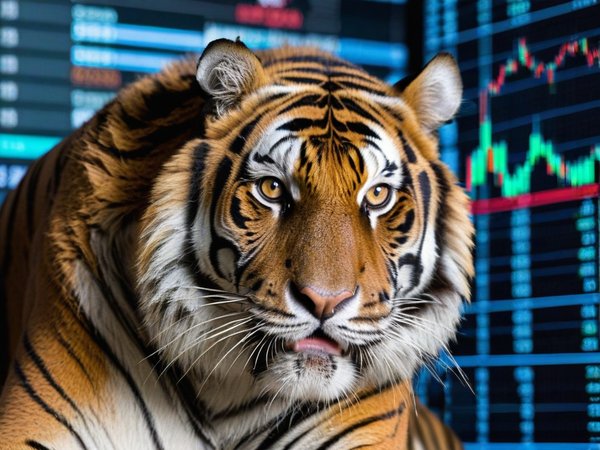 A forex trading system's tiger looking at the camera with a sneaky expression, and a forex trading chart in the background