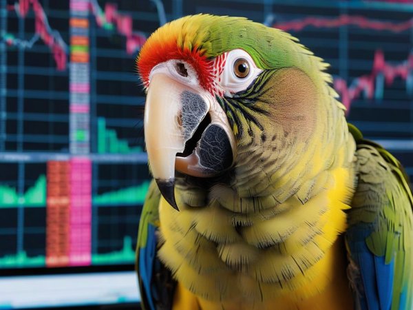 A forex trading system's parrot looking at the camera with a disgusted expression, and a forex trading chart in the background