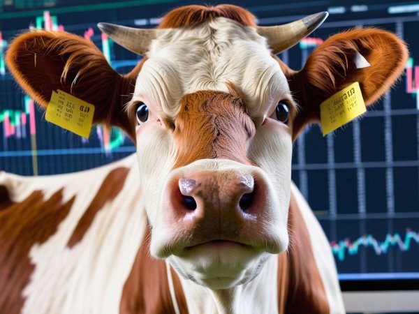 A forex trading system's cow looking at the camera with a joyful expression, and a forex trading chart in the background
