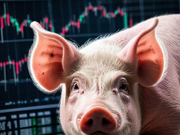 A forex trading system's pig looking at the camera with a disgusted expression, and a forex trading chart in the background