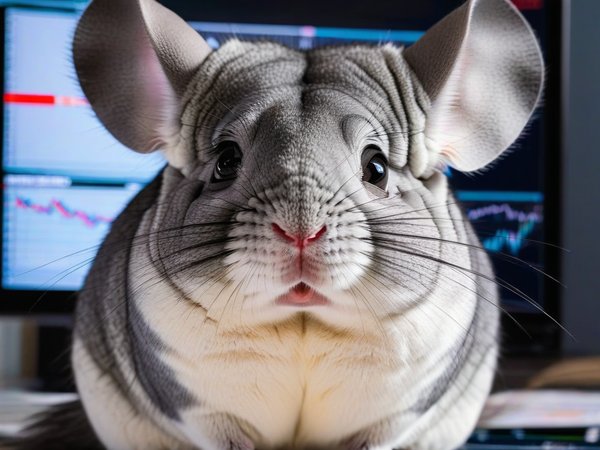 A forex trading system's chinchilla looking at the camera with a sad expression, and a forex trading chart in the background