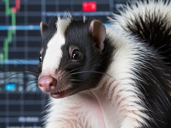 A forex trading system's skunk looking at the camera with a playful expression, and a forex trading chart in the background