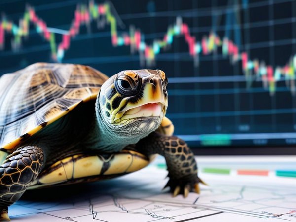 A forex trading system's turtle looking at the camera with a love-struck expression, and a forex trading chart in the background