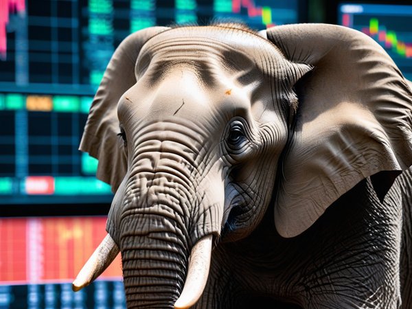 A forex trading system's elephant looking at the camera with a sneaky expression, and a forex trading chart in the background