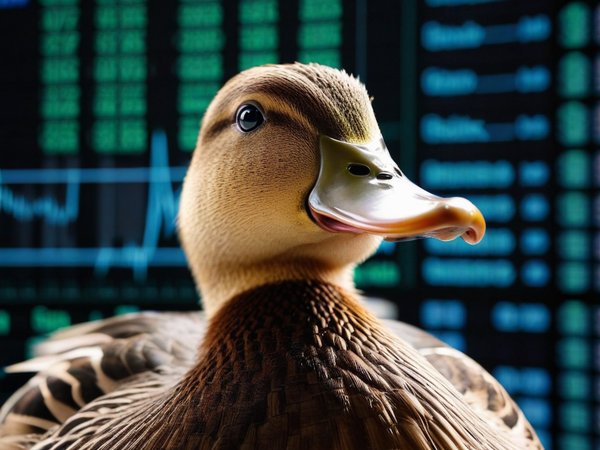 A forex trading system's duck looking at the camera with a determined expression, and a forex trading chart in the background