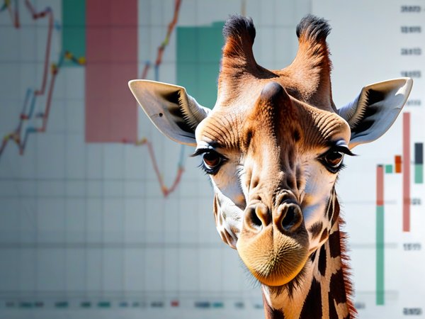 A forex trading system's giraffe looking at the camera with a playful expression, and a forex trading chart in the background