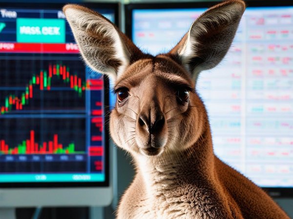 A forex trading system's kangaroo looking at the camera with a embarrassed expression, and a forex trading chart in the background