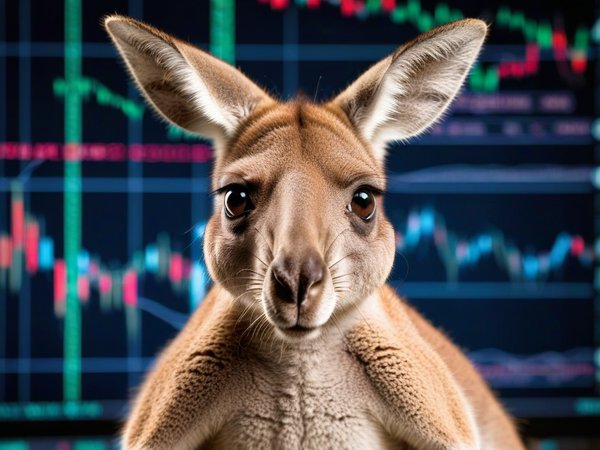 A forex trading system's kangaroo looking at the camera with a playful expression, and a forex trading chart in the background