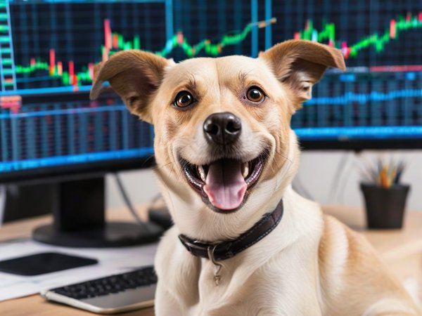 A forex trading system's dog looking at the camera with a joyful expression, and a forex trading chart in the background