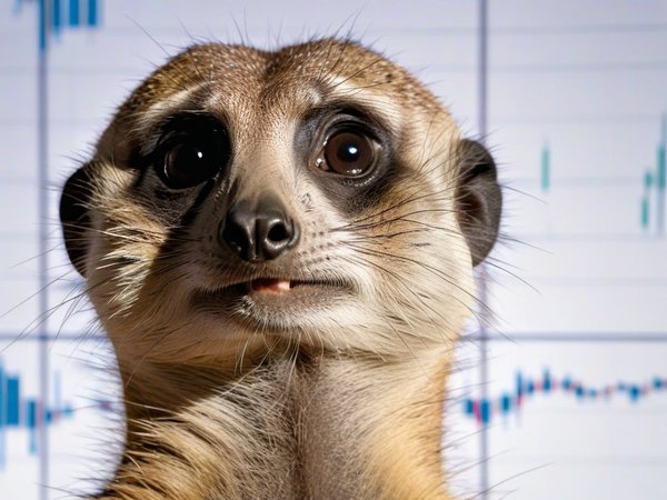 A forex trading system's meerkat looking at the camera with a nervous expression, and a forex trading chart in the background