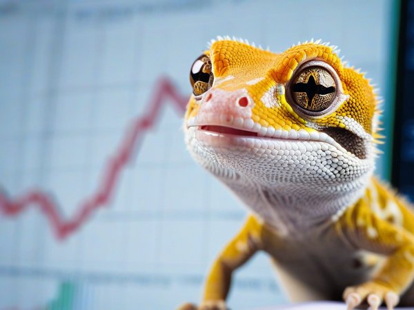 A forex trading system's gecko looking at the camera with a confused expression, and a forex trading chart in the background