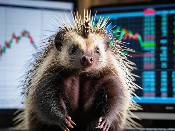 A forex trading system's porcupine looking at the camera with a curious expression, and a forex trading chart in the background